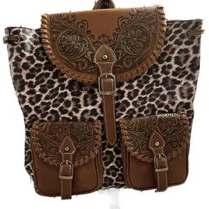 Cheetah Leather Bag Backpack with Adjustable Strap, Two Pockets, and Classic Leopard Print Design
