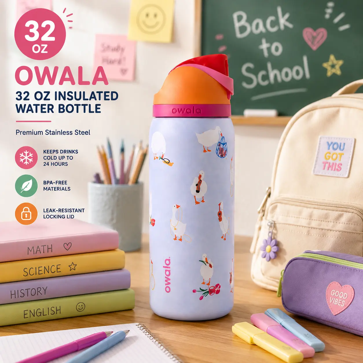 Owala 32oz Silly Goose Water Bottle Limited Edition Back to School Leak Proof New In Box, Gift For Friend, For Her, For Him