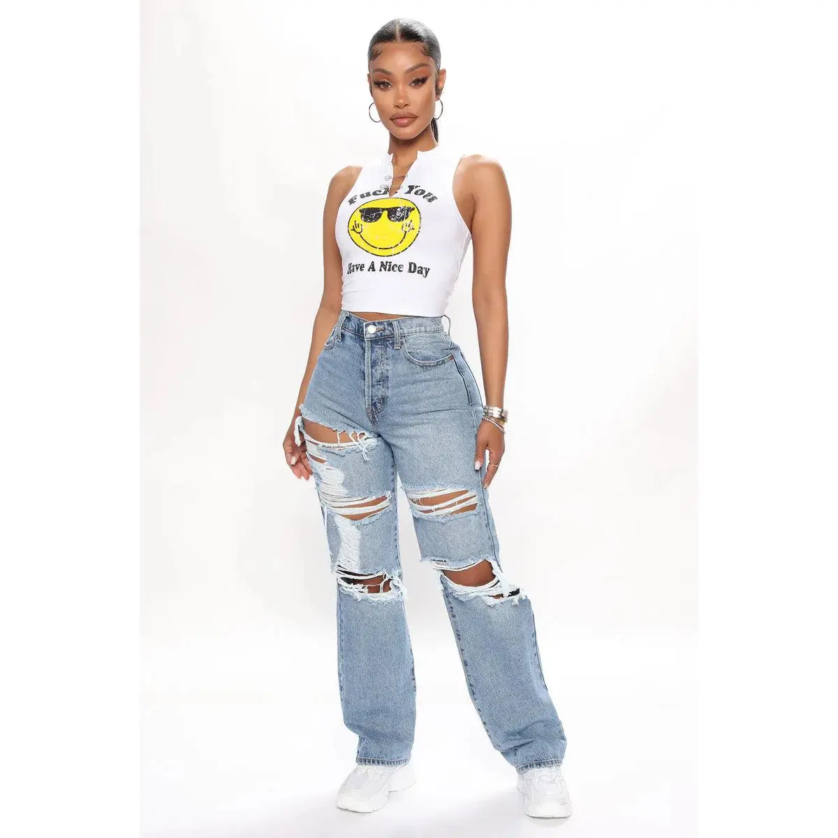 Seeking Thrills Shredded Straight Leg Jeans - Medium Wash