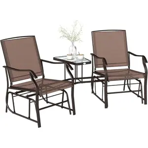 Outdoor Glider Chairs and Table set, Patio 2-Seat Rocking Chair Swing Loveseat with Glass Coffee Table