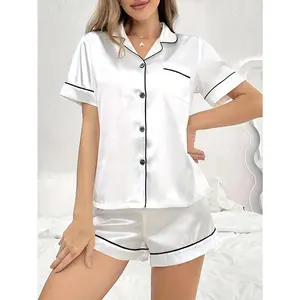 Solid Satin Pajama Set, Simple Short Sleeve Button Up Lapel Collar Top & Elastic Shorts, Women's Sleepwear & Loungewear
