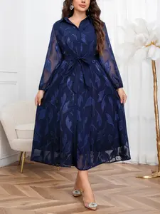 【Plus Size】 Tie Waist Islamic Dress, Elegant Classy Flattering Long Sleeve Dress for Party Holiday Wedding Guest, Women's Islamic Clothing for All Seasons