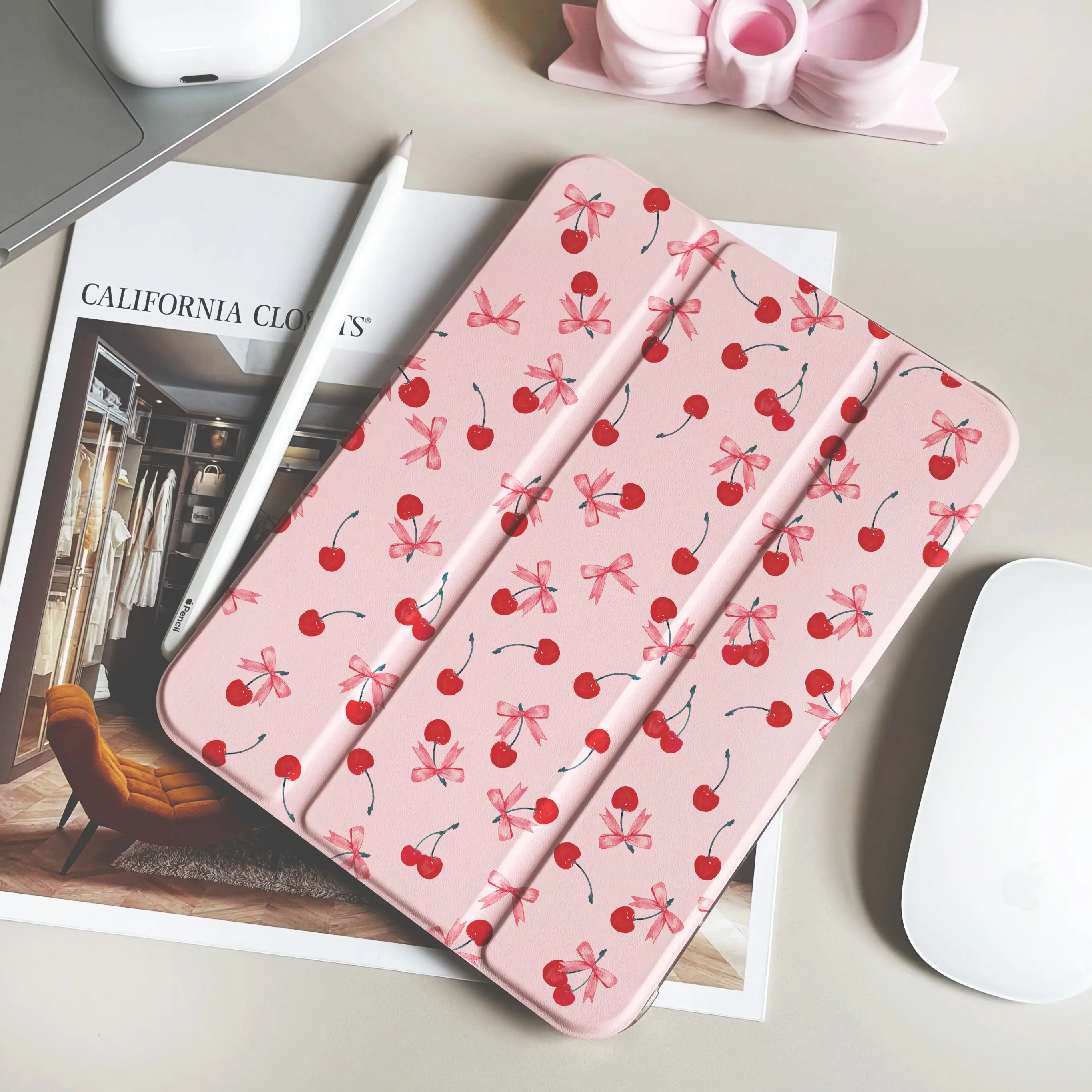 Casing Bee Ms. Cherry Tablet Case Slim Lightweight Protective Cover for iPad Air 6 5 4 Pro 4 3 2 1 iPad 11 10 9 8 7 Mini 7 6 with Magnetic Protection & Pencil Holder