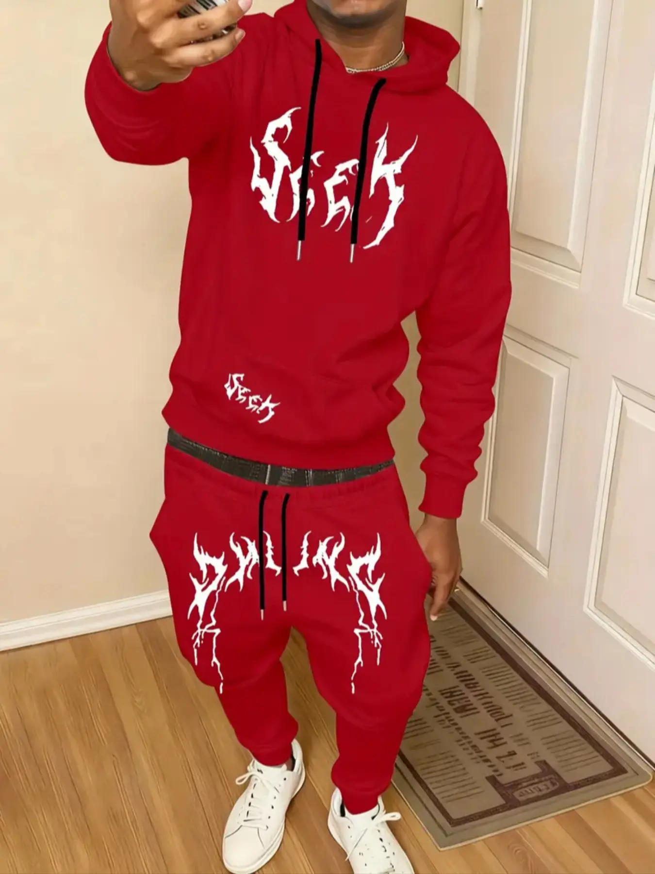 Men's Spring Fall Gothic Letter Print Long Sleeve Hoodie Set, Matching Sets, Casual Fitted Style, Trendy Menswear, Dark Gothic Fashion, Comfortable and Stylish