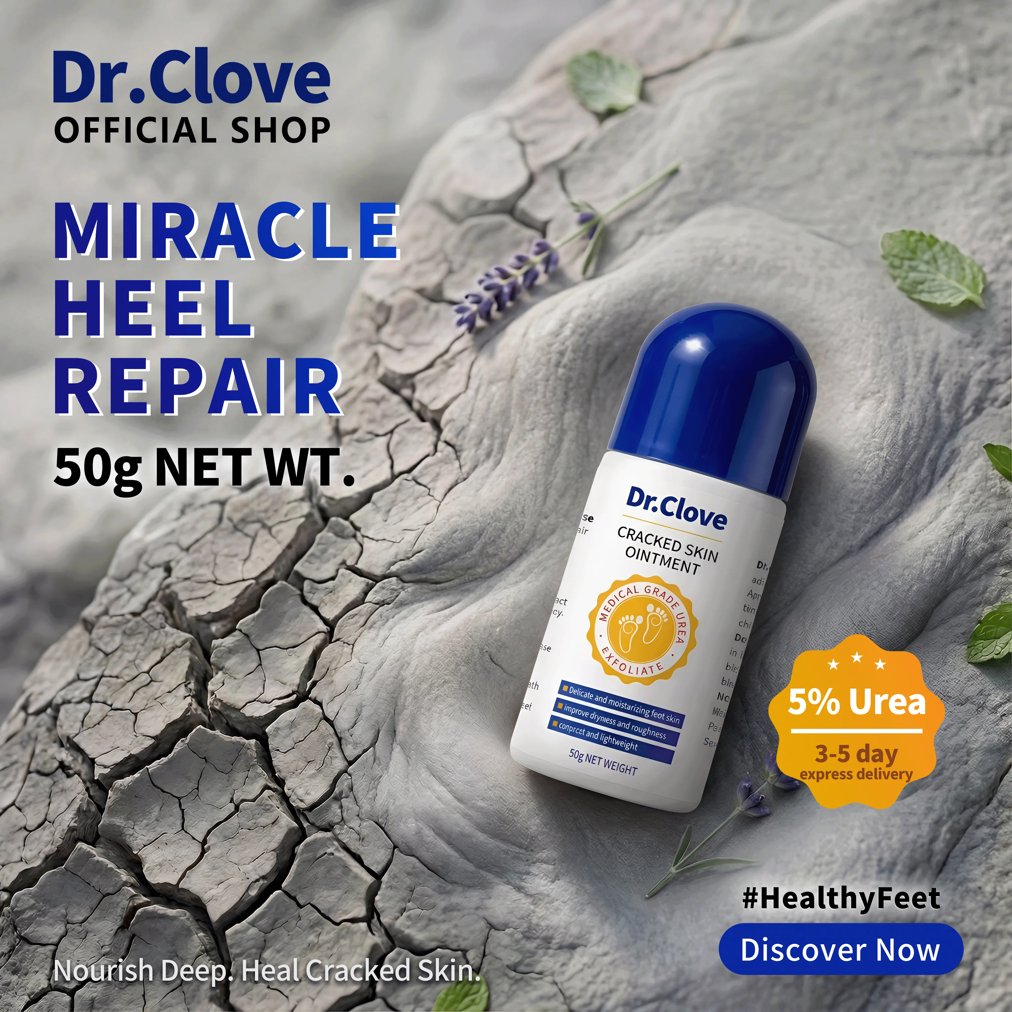 Dr.Clove New No-Mess Roller-ball Foot Ointment for Dry Cracked Heels - Clean Hands Design, 5% Urea Intensive Repair, Baby Soft Feet in 3-5 Days, Callus & Roughness Treatment  toe spacers before and after, Travel Size, Urea Foot Creams, Exfoliating