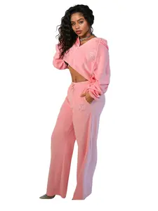 Velour Wide Leg Track Pants - Pink