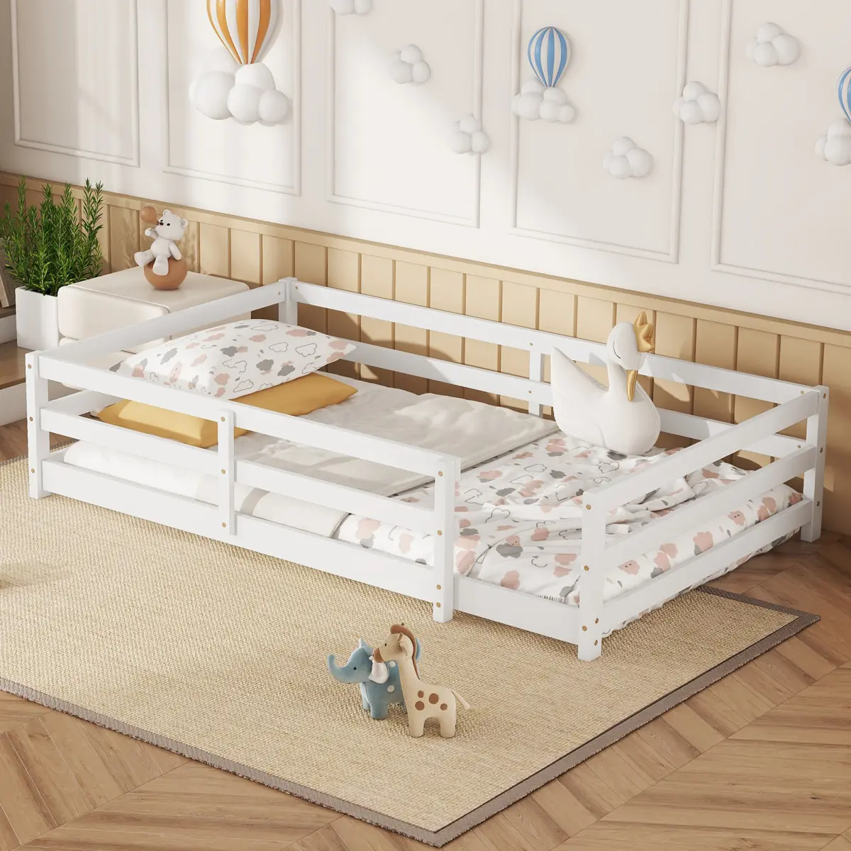 White Twin Montessori Floor Bed for Toddlers - Solid Pine Wood, 15.7" Tall Fence Guardrails, Quick Setup, No Box Spring Needed, Rectangular Single Person Floor Bed, Max 6" Height, Kids Bedroom Sleep & Play Furniture
