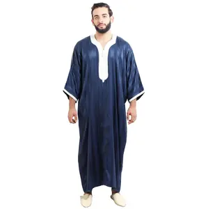 Moroccan Men Dress Caftan Handmade With Embroidery Tread Long Sleeve Navy