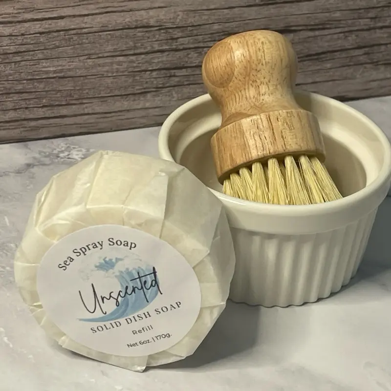 Solid Dish Soap Starter Set Bundle - Fragrance-Free Zero-Waste Kitchen Solution with 6oz Natural Soap Bar Ceramic Dish Bamboo Brush & Complete Instructions for Optimal Performance