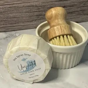 Solid Dish Soap Starter Set Bundle - Fragrance-Free Zero-Waste Kitchen Solution with 6oz Natural Soap Bar Ceramic Dish Bamboo Brush & Complete Instructions for Optimal Performance