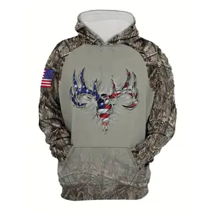 American Camouflage Hoodie, American Flag Deer Skull Design, Ethnic Style, Fitted Long Sleeve Casual Sweatshirt, Outdoor American Style, Suitable for All SeasonsRAIMENTRY