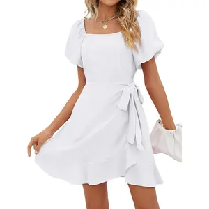 Women's Square Neck Puff Sleeve Mini Dress Tie Waist Sundress