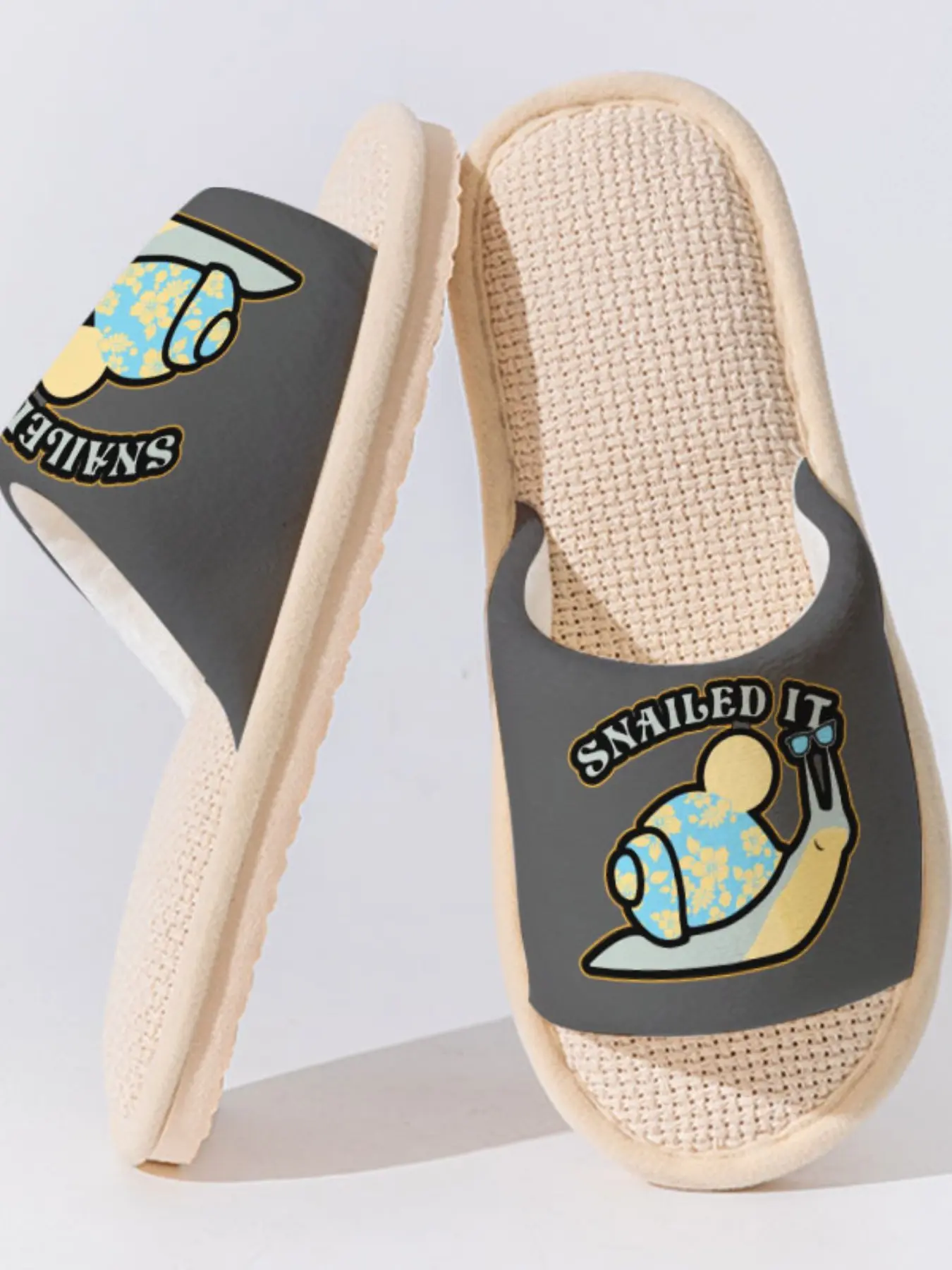 Cute Snail "SNAILED IT" Print Linen Slippers, Fun Non-Slip Breathable Lightweight All Season Home Shoes for Women Men Family Guest Daily Wear