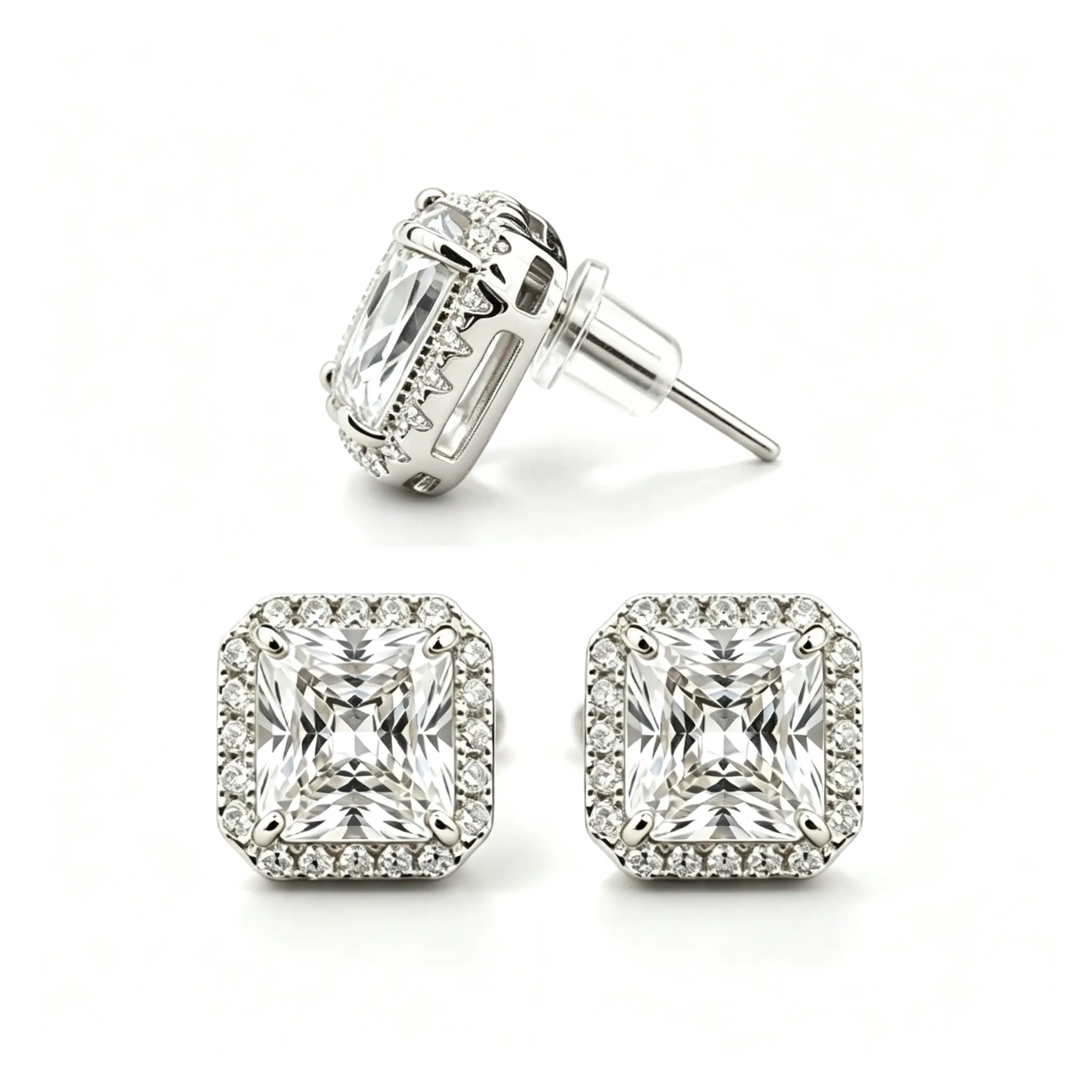 Women's Luxury 3CT Square Cut Radiant Moissanite Stud Earrings - 11MM High-Shine Halo, Gold-Tone Pave Crystal Border Moissanite Jewelry, Elegant Wedding Gift for Her