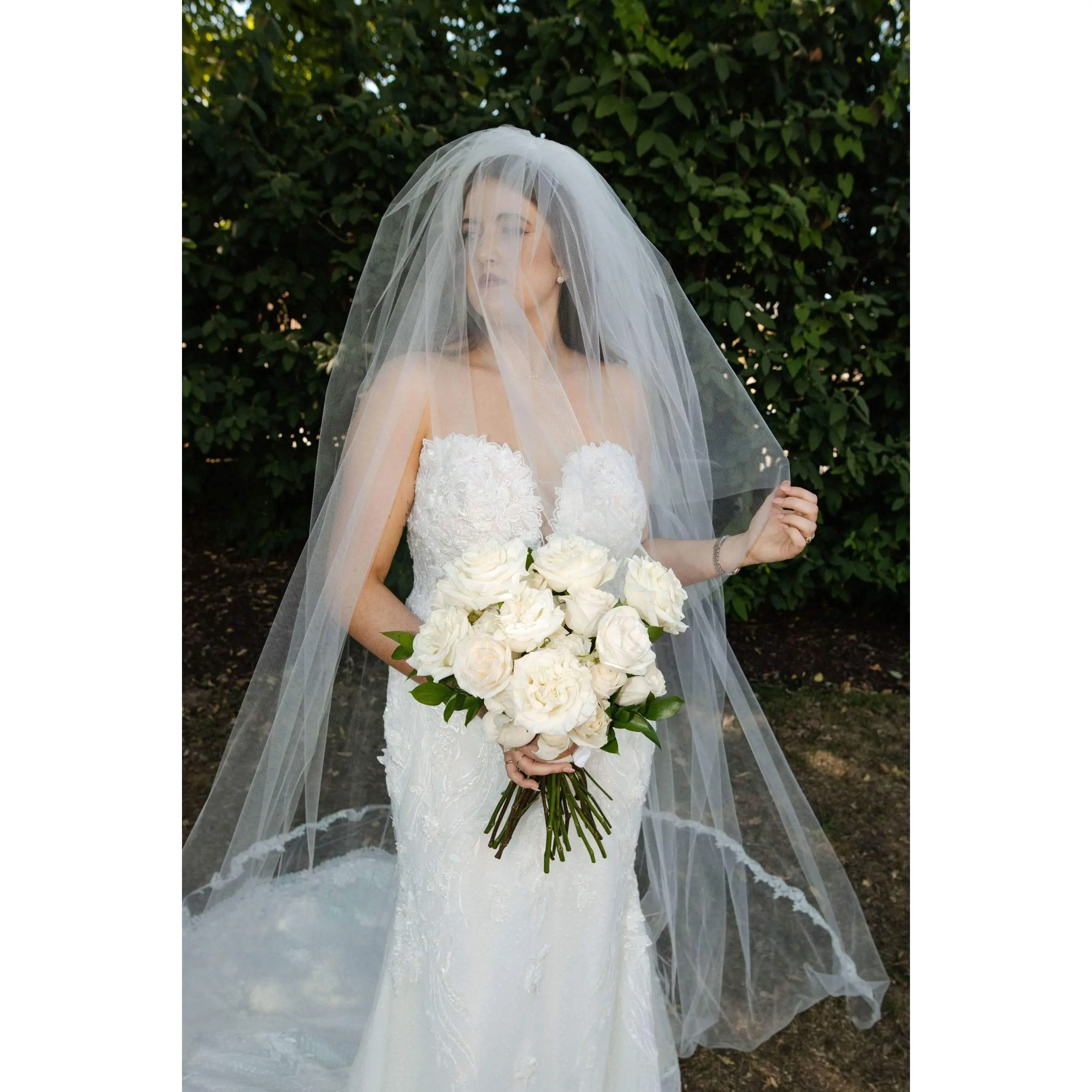 Cathedral Drop Veil with Lace Trim & Blusher, White/ Off White/ Ivory Lace Wedding Veil