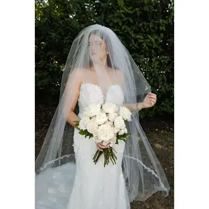 Cathedral Drop Veil with Lace Trim & Blusher, White/ Off White/ Ivory Lace Wedding Veil