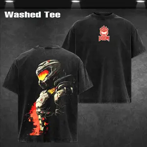 Doom Slayer' T-Shirt – Vintage Washed Graphic Tee, Oversized Heavyweight Movie Shirt, Large Back Graphic Featuring Doom Slayer With Fiery Armor, High-Quality Cotton Fabric, Unisex Gift For Movie Lovers, Doom Series