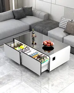 Smart Coffee Table, Living Room Table with Built in Fridge and Speakers, Smart Table with 15W Wireless Charging, USB Chargers and 110V Outlets