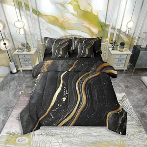 Black and Gold Marble Comforter Set,Marble Stone Bed in A Bag,Golden Glitter Pattern Marbling 7 Pieces Bedding Set