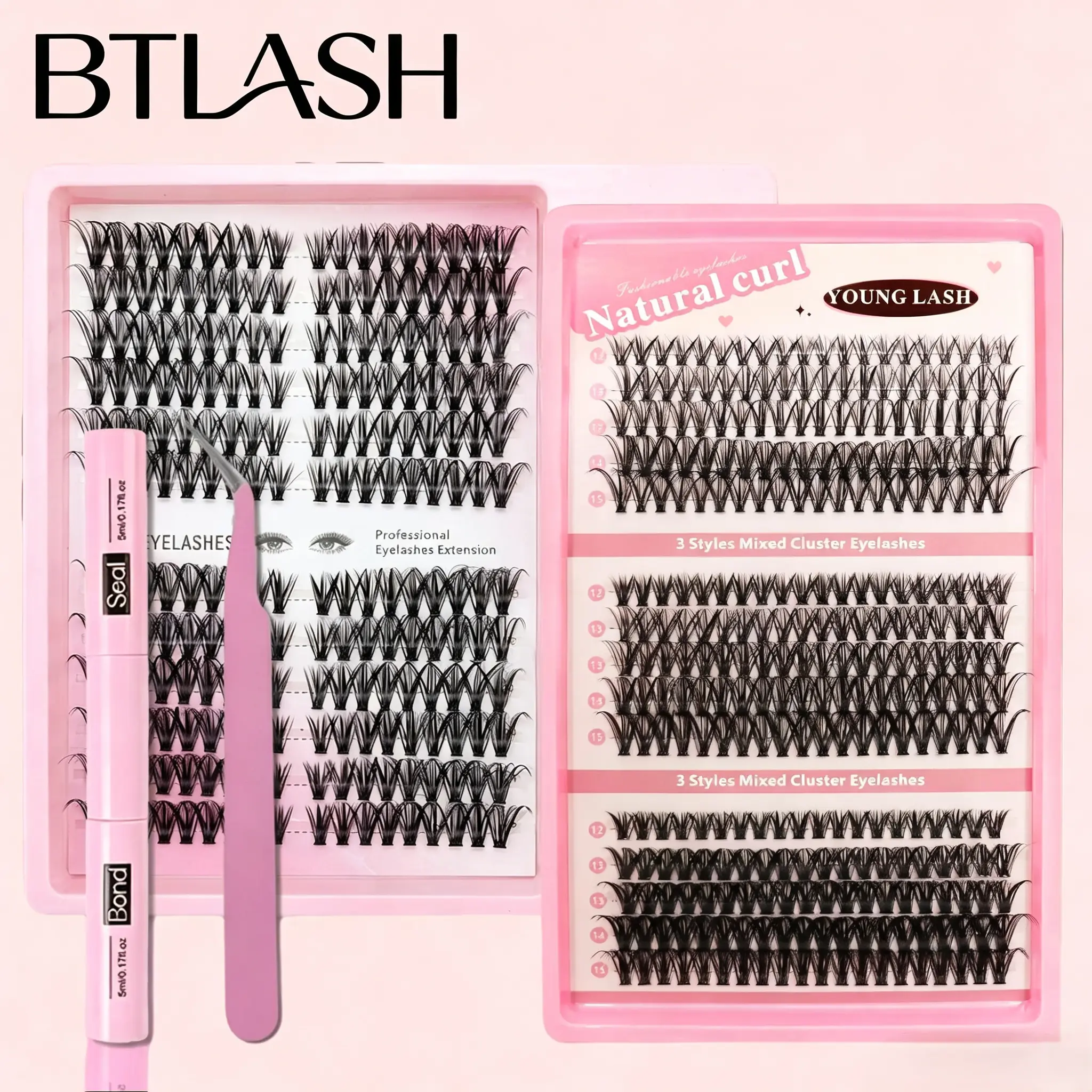 B  Cluster Lash Extension Kit 30D 40D 50D Mixed Individual Eyelashes Natural Curl DIY Self Lashes With 2IN1 Lash Bond Seal & Professional Tweezers Fluffy Wispy Lash Set For Daily Makeup