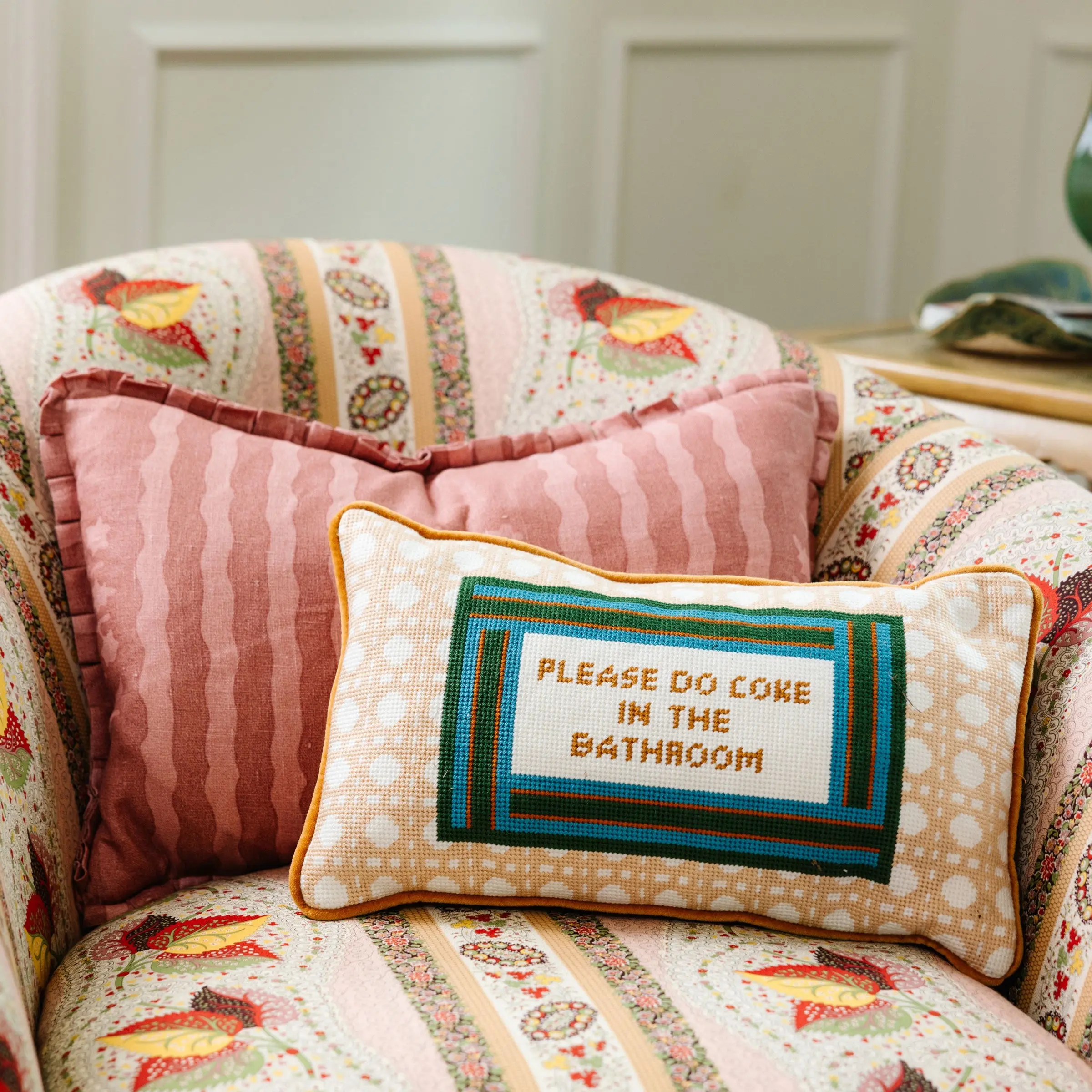 Embroidered Needlepoint Velvet Bathroom Pillow - Handcrafted Home Decor Accent with Charming Sayings, Vibrant Patterns, Thoughtful Gift for Bathroom Spaces, Embroidery