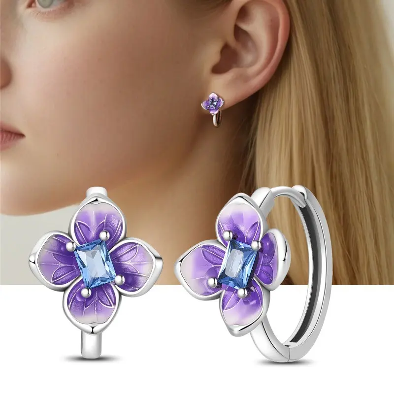 925 Sterling Silver Hoop Earrings for Women, Romantic Hydrangea Flower Dangle Charms, Hypoallergenic Women's Fashion Jewelry, Flower Earrings, Ear Hoops, Hydrangeas, Christmas Gifts, Mother's Day Gifts