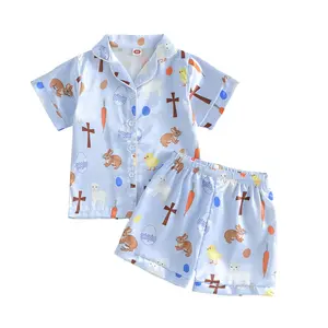 Babamoon Kids Boys Easter Pajamas Set Satin Easter Eggs Rabbit Print Short Sleeve Shirts Tops Shorts 2 Pieces Lounge Suit Sleepwear