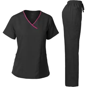 Women's Scrub Set Stretch Contrast Binding  and Pants Womenswear Clothes Uniforms Workwear Basic Minimalist Black