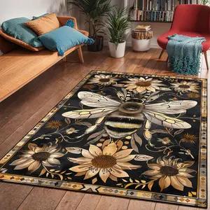 Vintage Bee & Flower Pattern Rug, 1 Count Non-slip Soft Floor Mat, Decorative Carpet for Home Living Room Bedroom Study Room