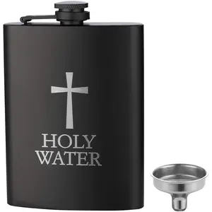 HOLY WATER,  8oz 18/8#304 Stainless Steel Black  Flask for , Leakproof with Funnel  Package