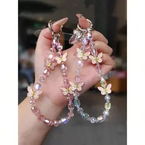 1pc Elegant Butterfly Mobile Phone Chain, Delicate Crystal Pendant, Handmade Beaded Strap, Short Wrist Accessory, Suitable For Outdoor Travel And Shopping, Phone Case Hanging Chain With Pad Included