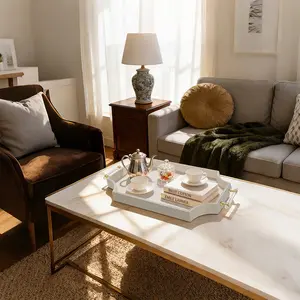 22.6'' × 13'' Coffee Table Tray Shagreen Decorative Tray for Ottoman Home Decor Serving Tray with Acrylic Gold Handles Modern Elegant Scalloped Large Ottoman Tray(	Khaki Beige)