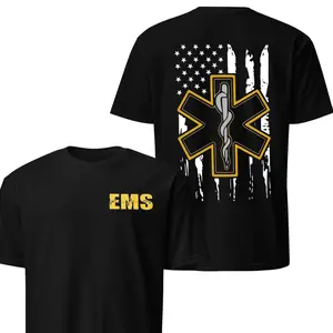 EMS Heartbeat Star Of Life Graphic Tee - Patriotic USA Flag Shirt | Gold Accent Paramedic Apparel For Men Women - First Responder Hero Gift Idea