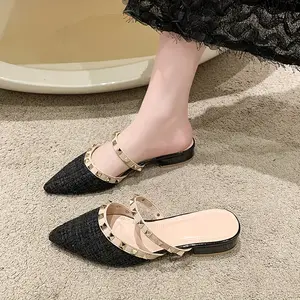 2023 Summer New Style French Elegant Pointed Sandals, Rivet Design, Single Step Thick Heel Half Slippers Ladies Outdoor Shoes