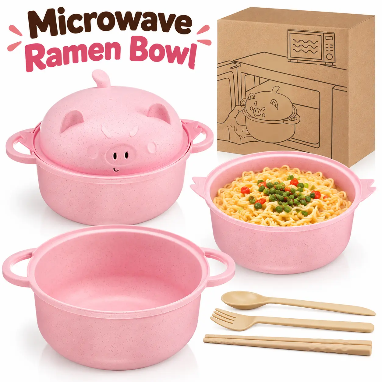 ONESHOW HOME Microwave Ramen Cooker Bowl Set with Drain Basket and Utensils,Wheat Straw Instant Noodle Bowl for Soup Pasta Dorm Office and Home