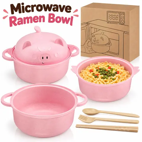 ONESHOW HOME Eco-Friendly Lightweight Wheat Straw Microwave Ramen Cooker Bowl Set with Drain Basket, Utensils, Tableware for Soup, Pasta, Dorm & Home Use Kitchen Supplies