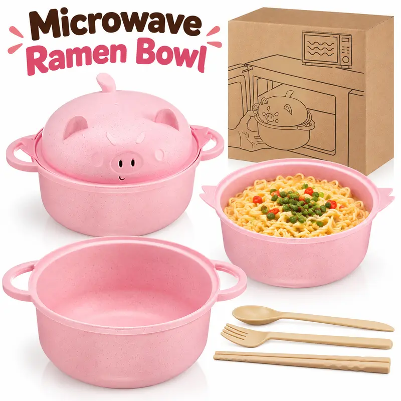 ONESHOW HOME Eco-Friendly Lightweight Wheat Straw Microwave Ramen Cooker Bowl Set with Drain Basket, Utensils, Tableware for Soup, Pasta, Dorm & Home Use Kitchen Supplies