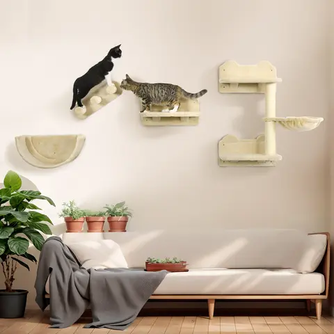 PawHut Cat Wall Shelves - Space-Saving Corner Cat Wall Furniture with Hammock, Scratching Post, Climber, Exercise Platforms for Indoor Kittens to Reach Higher Spots