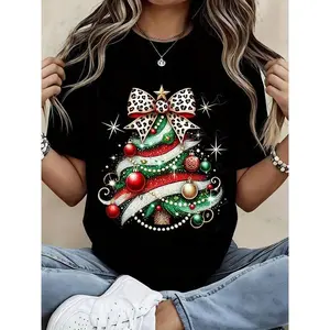 Christmas Tree Print Women's T-Shirt With Leopard Bow And Sparkle Design, Festive Holiday Top For Xmas Celebration, Black Casual Tee For Women