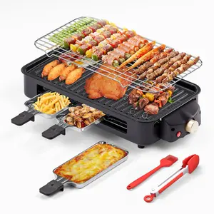 TANLOOK Smokeless electric grill, frying and grilling electric grill with removable non-stick tray and grill rack, with 3 mini pans, 1500W home grill, adjustable temperature, indoor grilling, kitchen utensils, stainless steel