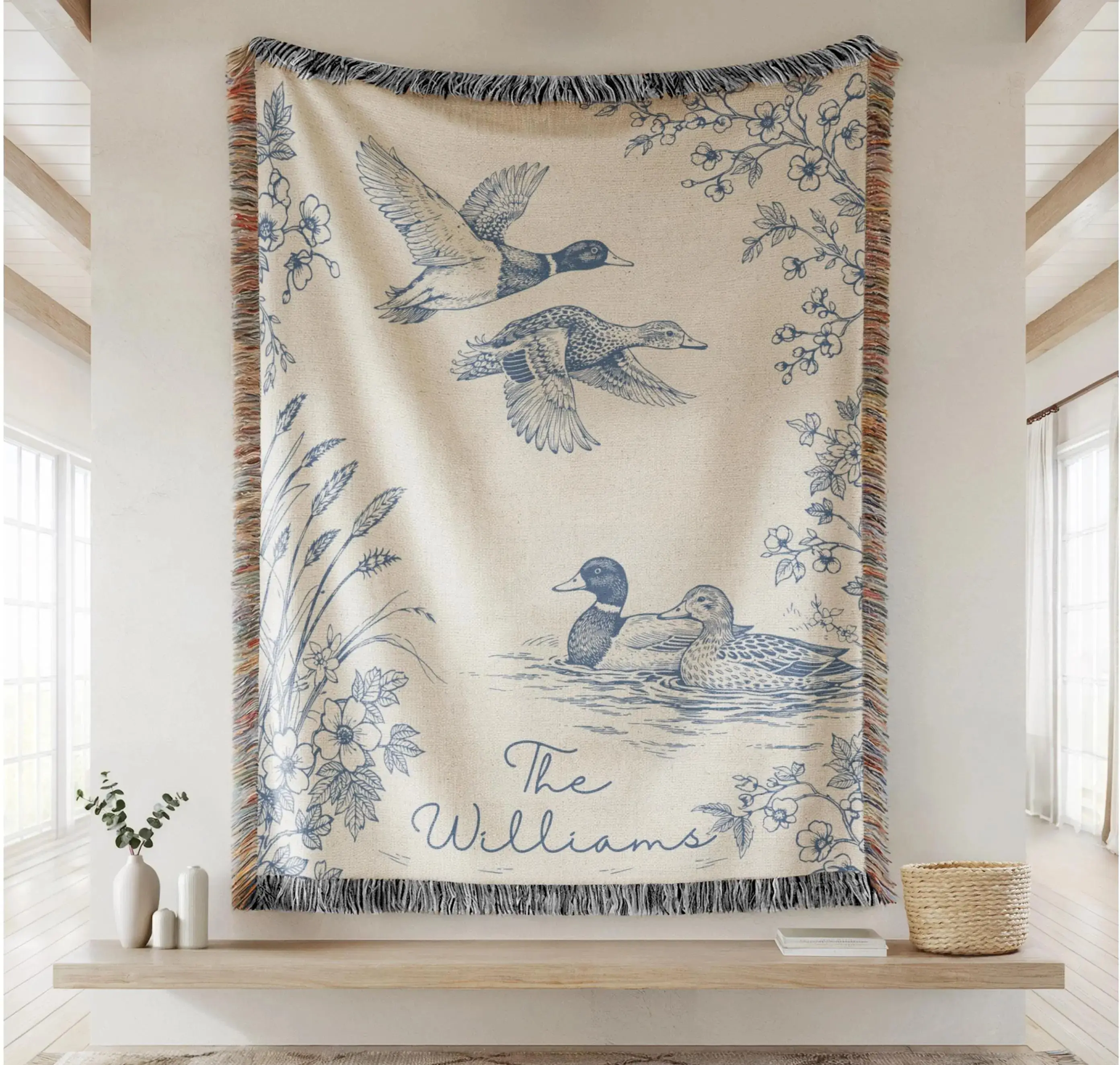 Personalized Mallard Duck Woven Blanket, Cotton Anniversary Gift For Couple, Custom Wedding Family Name Blanket, Hunting Lake House Decor