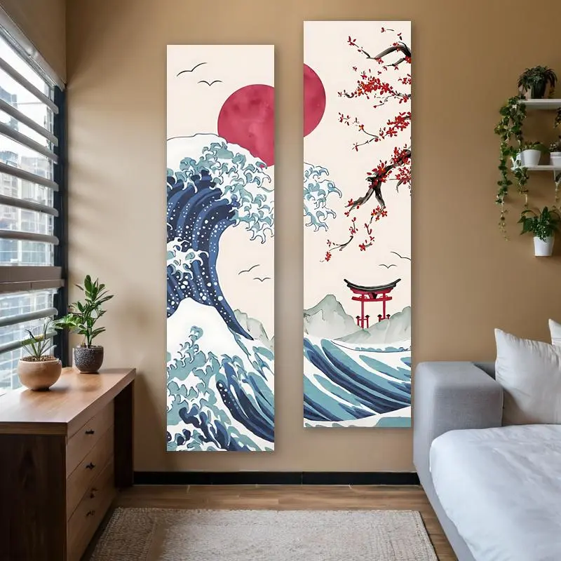 Japanese Ocean Waves Pattern Wall Tapestry, 2 Counts/set Red Sun Cherry Blossom Long Narrow Tapestry, Wall Hanging Torii Gate Mount Fuji Landscape Tapestry, Decor, Home Decor Supplies, Tapestry Wall Mural, Tapestry Room Decor, Decorative Tapestry