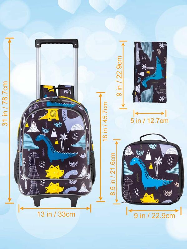 3PCS Kids Rolling Backpack, Roller Wheels Boys Bookbag - Wheeled Suitcase Elementary School Bag - Dinosaur