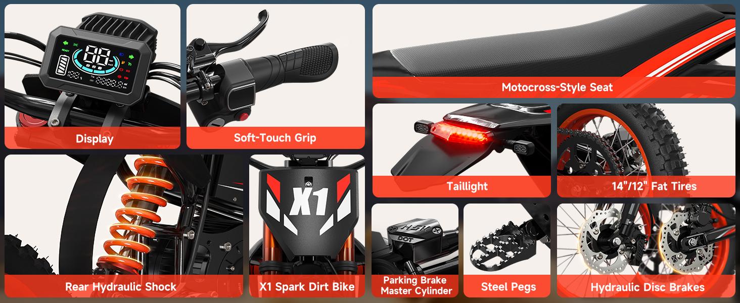 Qronge X1 Spark Electric Bike is designed for challenging terrain. Its 17"/14" wheel configuration balances stability and agility,and it features a powerful 4500W, 283 Nm of torque, and a large 60V 28.8Ah battery.