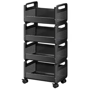 FSLGWRK 4 Tier Rolling Cart, Stackable Metal Kitchen Storage Cart with Wheels, Black