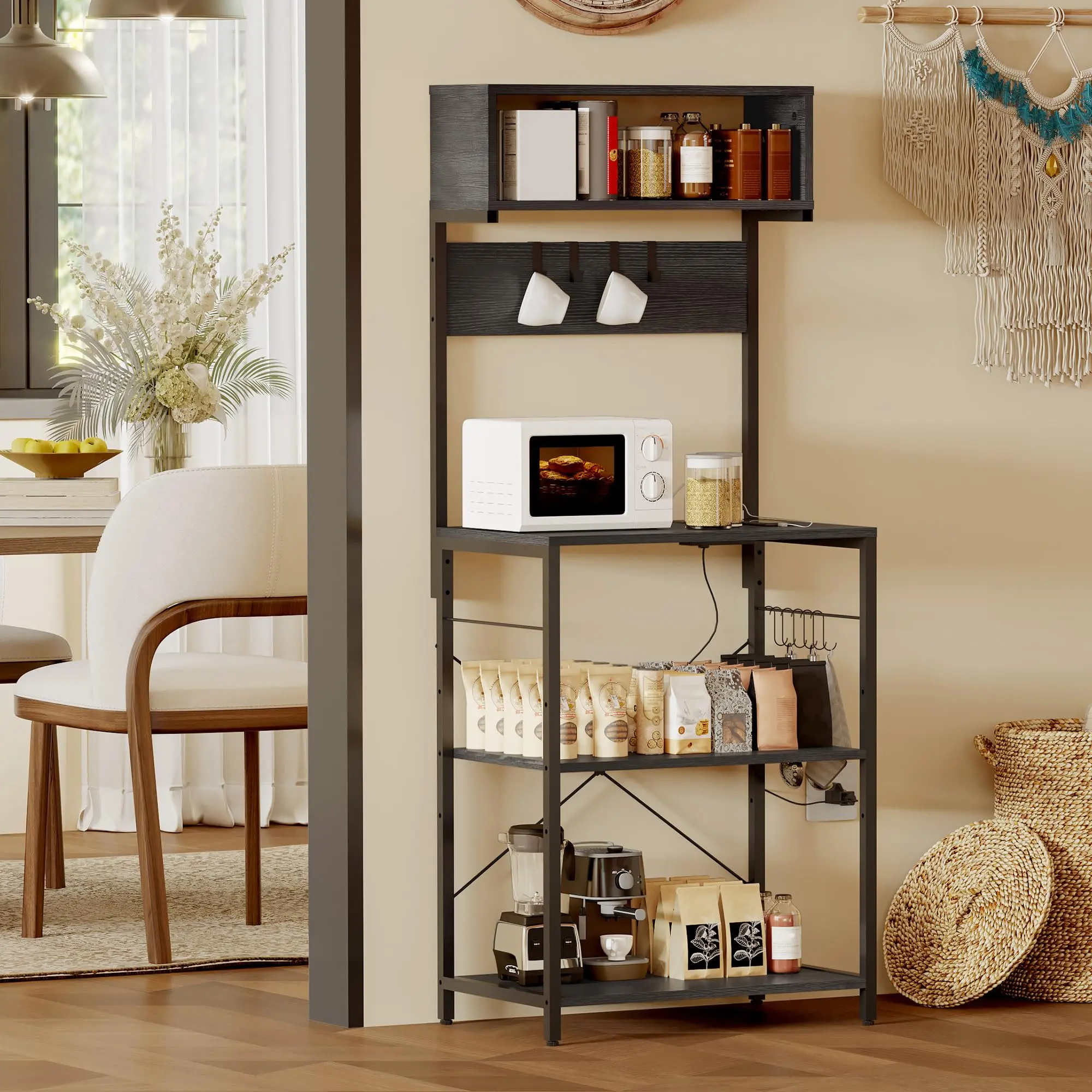 Garvee Multi-functional Bakers Rack with Power Outlet and 10 Hooks, 4-Tier Kitchen Storage Shelf for Spices, Pots, Microwave, and Coffee Bar Organization in Black or Rustic Brown Finish