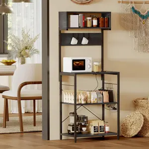 Garvee Multi-functional Bakers Rack with Power Outlet and 10 Hooks, 4-Tier Kitchen Storage Shelf for Spices, Pots, Microwave, and Coffee Bar Organization in Black or Rustic Brown Finish