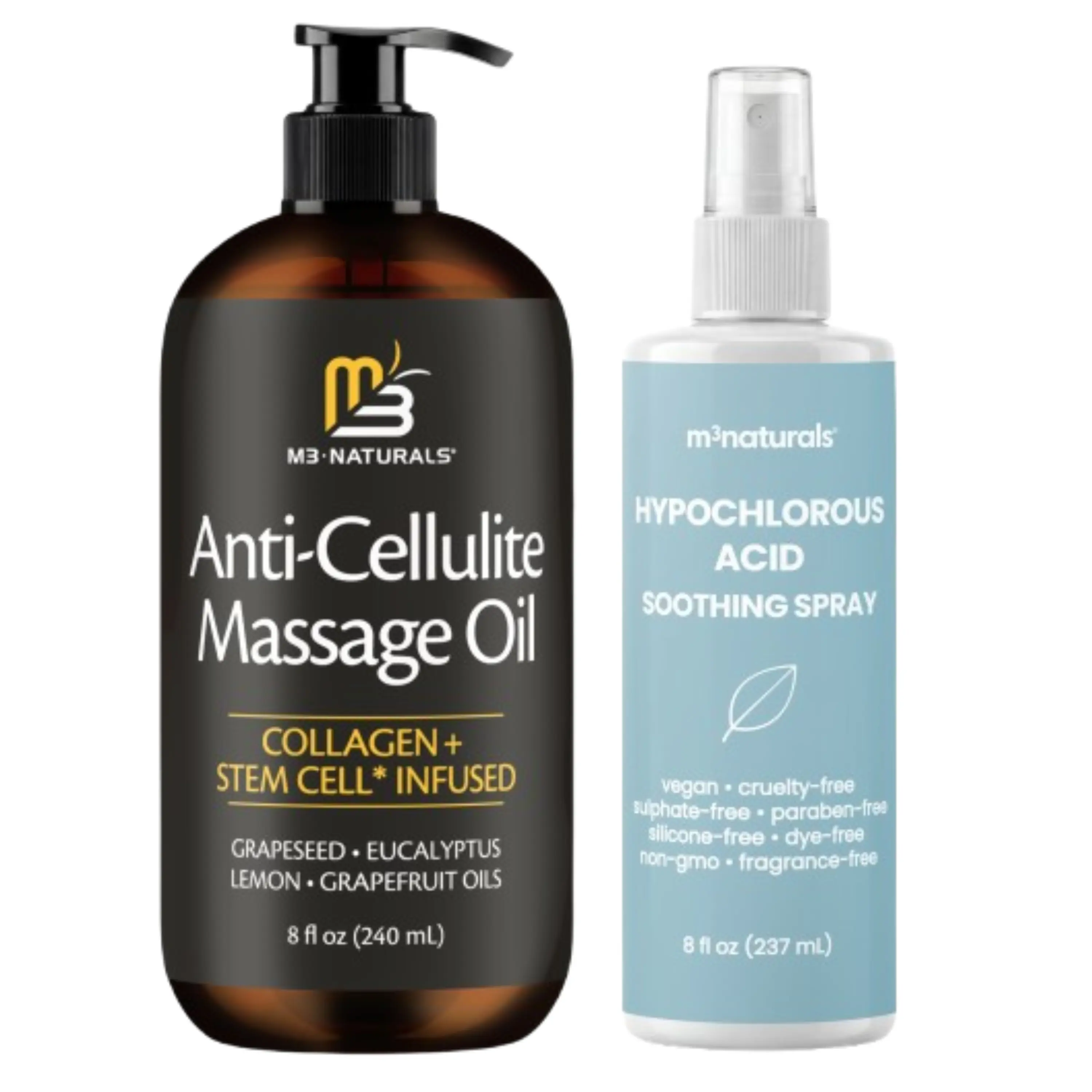 M3 Naturals Anti Cellulite Massage Oil + Hypochlorous Acid Face & Body Spray Bundle | Smooth the Appearance of Cellulite and Soothing Face & Body Spray | Hydrating Body Care, Lymphatic Drainage and Gentle Skin Mist, Sensitive Skin Friendly