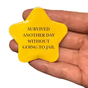Survived Another Day Star Pin – 2.25 Inch Funny Metal Badge for Jackets, Backpacks, Hats, Daily Wear