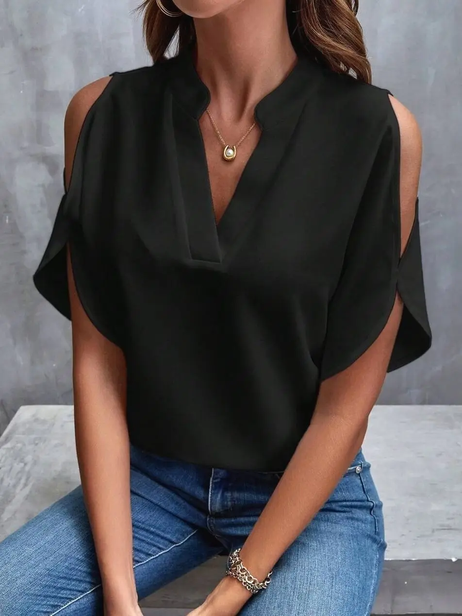 Clasi Solid Cold Shoulder Split Sleeve Blouse White Shirt V Neck Blouses For Women Business Casual Tops Woman Cold Shoulder Blouse